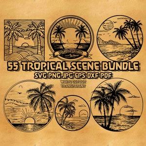 May include: A bundle of 55 black and white tropical scene illustrations. The illustrations feature palm trees, beaches, and sunsets. The text "55 Tropical Scene Bundle" and "SVG PNG JPG EPS DXF PDF" is displayed in the center of the image. The text "White Cutout Transparent" is displayed below the bundle text.
