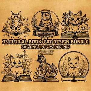 Floral Book Cat Design SVG Bundle: Feline Clipart (Digital Download)