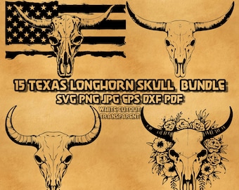 May include: A digital download bundle of 15 Texas Longhorn skull SVG, PNG, JPG, EPS, DXF, and PDF files. The skulls are in black and white, with some featuring floral designs. The text "White Cutout Transparent" is also included.