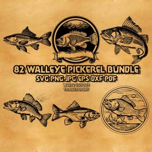 Może przedstawiać: Cyfrowy pakiet graficzny zawierający czarno-białe ilustracje ryb z gatunku sandaczowatych. Tekst głosi 82 WALLEYE PICKEREL BUNDLE SVG PNG JPG EPS DXF PDF WHITE CUTOUT TRANSPARENT. Zawiera okrągłe emblematy oraz pojedyncze wzory ryb.