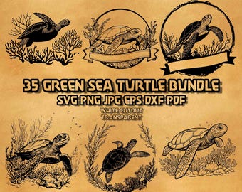 May include: A digital collection of black line art illustrations featuring sea turtles in various swimming poses among coral and seaweed. The text reads 35 GREEN SEA TURTLE BUNDLE SVG PNG JPG EPS DXF PDF WHITE CUTOUT TRANSPARENT on a tan background.