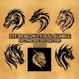 以下が含まれることがあります： 255 DRAGON TRIBAL BUNDLE SVG PNG JPG EPS DXF PDFというタイトルのデジタルコレクション。黒いトライバルスタイルのドラゴンの頭のイラスト5点と、黒い正方形の中に白いドラゴンの頭のイラスト1点が、ベージュの背景に配置されています。