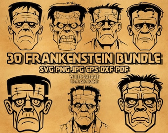 Halloween Frankenstein SVG-paket Skräckmonsteransikte Illustrationer Spöklik varelse Fet linjekonst Gotisk Vektorgrafik Digital Design