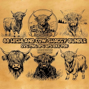 Könnte beinhalten: Ein digitales Download-Paket mit 88 Schwarzweiß-Illustrationen von Highland-Kühen. Die Illustrationen sind im Vintage-Stil gehalten und zeigen die Kühe in verschiedenen Posen. Der Text "YOUR TEXT IS HERE" ist im Bild enthalten.