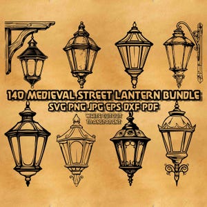 Paquete SVG de faroles de calle medievales, diseños de lámparas de fantasía vintage, faroles de calle de castillo gótico, archivos digitales para mapas de D&D, decoración de taberna en formato SVG
