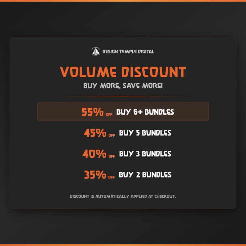 May include: A digital graphic with a dark background and orange accents. The text reads "Volume Discount" and "Buy More, Save More!" with discount percentages for buying bundles. The Design Temple Digital logo is at the top.