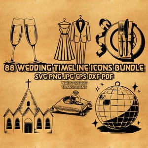 Wedding Icons Collection Svg Bundle, Wedding Timeline Icons, Wedding Clip Art Elements, Couple Timeline Svg, Wedding Illustrations Engrave