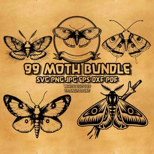 May include: A set of 99 black and white moth illustrations. The moths are drawn in a vintage style and are perfect for crafting projects. The text "99 Moth Bundle" is written in a bold font at the top of the image. The text "SVG PNG JPG EPS DXF PDF" is written below the title. The text "White Cutout Transparent" is written below the file types.