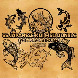 Japanischer Koi Fisch SVG Bundle Asiatische Karpfen Illustrationen Lotus Yin Yang Line Art Ornamental Teich Tattoo Vektorgrafik Digitales Design
