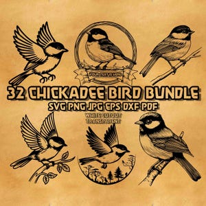 May include: A collection of black and white chickadee bird illustrations in various poses, including flying and perched on branches. The text "32 CHICKADEE BIRD BUNDLE" is displayed above the file type options. The words "WHITE CUTOUT TRANSPARENT" are also visible.