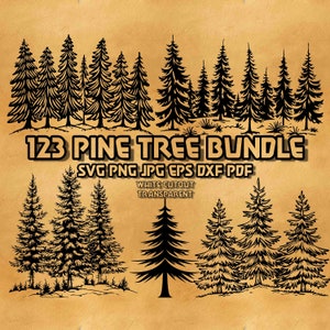 May include: A collection of black pine tree silhouettes in various styles, arranged on a tan background. The text "123 PINE TREE BUNDLE" is displayed above the file type options: SVG PNG JPG EPS DXF PDF. Additional text reads "WHITE CUTOUT TRANSPARENT."