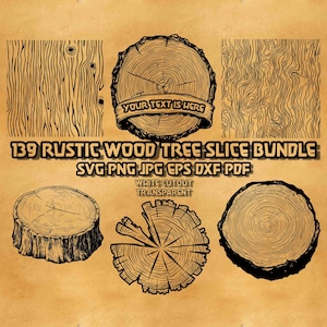 以下が含まれることがあります： 白黒の素朴な木の切り株のイラスト139個のセット。イラストには、輪のある木の切り株が様々な形と大きさで描かれています。「YOUR TEXT IS HERE」という文字が、木の切り株の1つの上に置かれたバナーに書かれています。「139 RUSTIC WOOD TREE SLICE BUNDLE SVG PNG JPG EPS DXF PDF WHITE CUTOUT TRANSPARENT」という文字が、イラストの下に書かれています。