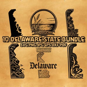 May include: A digital design bundle featuring various black and white illustrations of Delaware state outlines and related imagery. Includes text that reads "10 Delaware State Bundle" and file type information. The designs are set against a textured, tan background.
