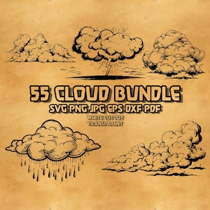 May include: A set of 55 hand-drawn cloud illustrations in black and white. The clouds are in various shapes and sizes, some with rain drops. The text "55 CLOUD BUNDLE SVG PNG JPG EPS DXF PDF WHITE CUTOUT TRANSPARENT" is at the bottom of the image.