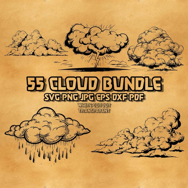 Cloud SVG Bundle 55 Fluffy Sky Illustrations Cute Cloud Weather Clipart ...
