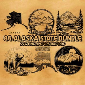 Pacchetto SVG dello stato dell'Alaska, mappa dell'Alaska, fauna selvatica, montagne, natura, avventura PNG, forma dello stato dell'Alaska, scena del paesaggio dell'Alaska, contorno arte SVG