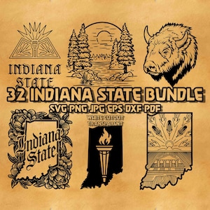 Puede incluir: Una colección de gráficos en blanco y negro con el tema del estado de Indiana. Los diseños incluyen una cabeza de bisonte, un paisaje con árboles y un lago, y el contorno del estado con una antorcha. El texto incluye "Indiana State".