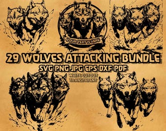Wolves Attacking SVG Bundle Wolf Pack Hunting Illustrations Fierce Running Wolves Monogram Frame Wild Predator Portrait Vector Graphics