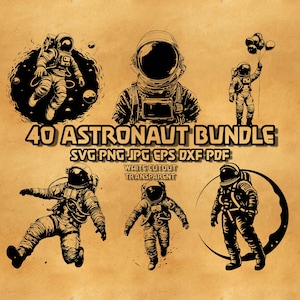 May include: A set of 40 astronaut illustrations in black and white. The illustrations feature astronauts in various poses, including floating in space, holding balloons, and walking on the moon. The text "40 ASTRONAUT BUNDLE SVG PNG JPG EPS DXF PDF WHITE CUTOUT TRANSPARENT" is included in the image.