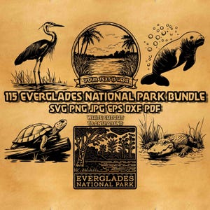 Puede incluir: Colección de ilustraciones en blanco y negro del Parque Nacional de los Everglades. Incluye una garza, un manatí, una tortuga, un caimán y un paisaje. El texto dice "115 Everglades National Park Bundle" y "Everglades National Park".