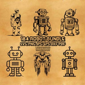 Puede incluir: Una colección digital de seis ilustraciones de robots negros sobre un fondo beige. El texto dice 184 ROBOT BUNDLE SVG PNG JPG EPS DXF PDF y WHITE CUTOUT TRANSPARENT. Los robots varían en diseño, desde formas humanoides hasta máquinas retro.