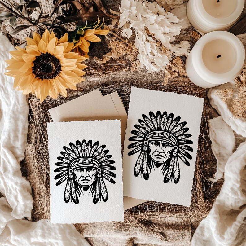 May include: Two white cards with a black illustration of a Native American chief in a headdress. The cards are on a textured surface with sunflowers, dried flowers, and candles.