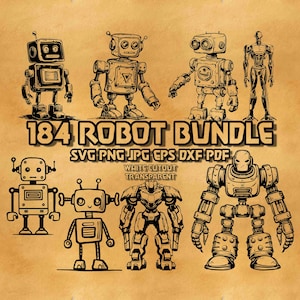 Puede incluir: Un conjunto de 184 ilustraciones de robots en blanco y negro. Los robots están en varias poses y estilos, incluyendo clásico, futurista y de dibujos animados. El texto "184 Robot Bundle" está en la parte superior de la imagen. El texto "SVG PNG JPG EPS DXF PDF" está debajo del título. El texto "White Cutout Transparent" está debajo de los tipos de archivos.