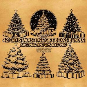 May include: A collection of black and white Christmas tree designs with gift boxes. The image includes text that reads "42 CHRISTMAS TREE GIFT BOXES BUNDLE SVG PNG JPG EPS DXF PDF" and "WHITE CUTOUT TRANSPARENT". The designs are on a tan background.