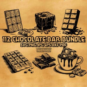 May include: A collection of illustrated chocolate bars and a cup of hot chocolate, with the text "112 CHOCOLATE BAR BUNDLE" and file type information. The image is in black and white on a tan background.