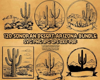 Sonoran Desert Arizona Cactus SVG Bundle 120 Desert Mesa Illustrations Intricate Ink Drawing for Engraving Creative Maker Collection