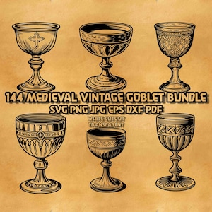 May include: A set of six black and white vintage goblet illustrations. The goblets are in various styles, with some featuring intricate designs and others with simpler shapes. The illustrations are perfect for crafting projects, digital designs, or adding a touch of medieval charm to your work.