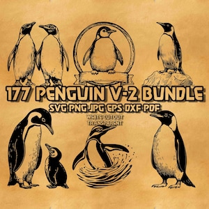 Penguin SVG Bundle V-2, Vintage Style Penguin, Penguin Engrave, Winter Emperor Penguin Clipart for Christmas Cards Snow Day Designs