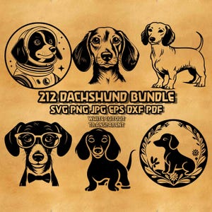Puede incluir: Una colección gráfica digital que presenta seis ilustraciones en blanco y negro de perros salchicha en varios estilos, incluyendo un astronauta, un retrato, un perro de pie, un perro con gafas y pajarita, un perro sentado y una corona floral.