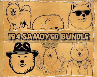 Paquete de 194 imágenes SVG de Samoyedo: imágenes prediseñadas de grabados de perros con motivos florales, sombreros de vaquero y caballeros