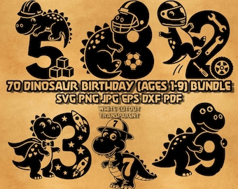 Zestaw urodzinowy Dinozaur SVG (dla dzieci w wieku 1–9 lat) – Grawerowany obrazek z dinozaurami Ready Number