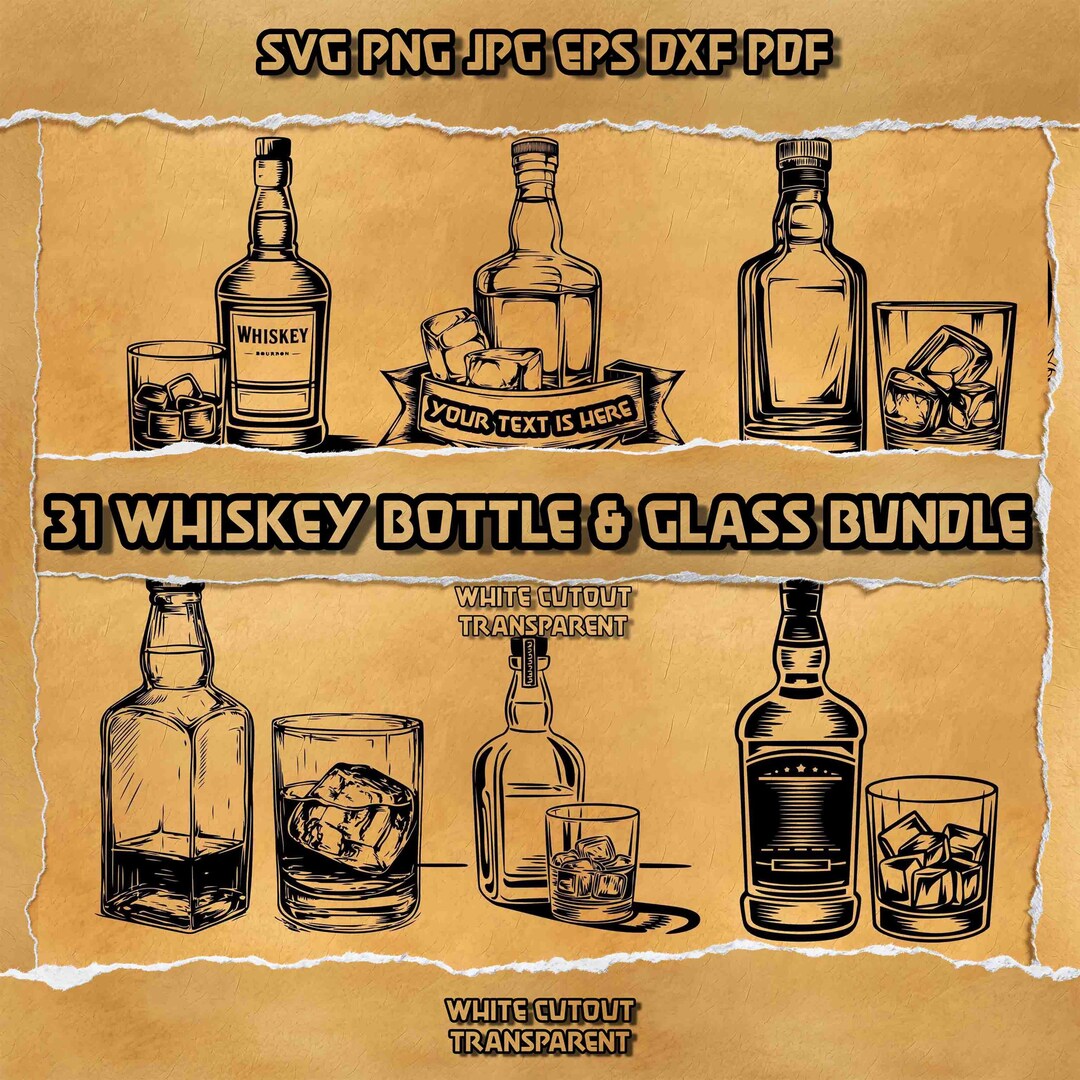 31 Whiskey Bottle and Rocks Glass SVG Bundle Bourbon Scotch Barware ...