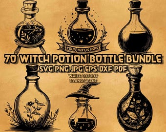 May include: Seven black and white witch potion bottle designs. The bottles are of different shapes and contain various elements. Text includes "70 WITCH POTION BOTTLE BUNDLE" and "YOUR TEXT IS HERE".