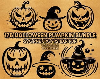 Paquete de archivos SVG de calabazas de Halloween, ilustraciones de linternas talladas, sombreros de bruja, diseños espeluznantes, arte lineal llamativo, gráficos vectoriales, diseño digital