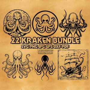 May include: A set of 22 black and white kraken illustrations. The illustrations feature different kraken designs, including a kraken with a ship in its tentacles, a kraken with a skull face, and a kraken with a more traditional design. The text "22 KRAKEN BUNDLE SVG PNG JPG EPS DXF PDF WHITE CUTOUT TRANSPARENT" is included in the image.