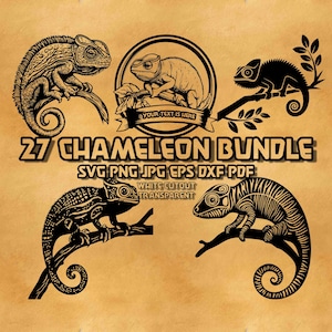 May include: A set of 27 black and white chameleon illustrations. The illustrations are in various poses and include a chameleon with its tongue extended. The text "27 CHAMELEON BUNDLE" is at the top of the image. The text "SVG PNG JPG EPS DXF PDF" is below the title. The text "WHITE CUTOUT TRANSPARENT" is below the file types.