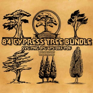 Puede incluir: Una colección de ilustraciones en blanco y negro de cipreses. La imagen incluye varios diseños de árboles, un emblema circular con un árbol y el texto "84 CYPRESS TREE BUNDLE" con opciones de formato de archivo.