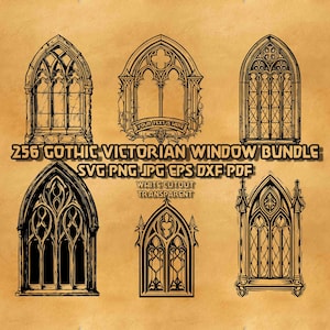 May include: A set of 256 black and white gothic Victorian window illustrations. The windows are in various styles with intricate details. The text "YOUR TEXT IS HERE" is included in the image.
