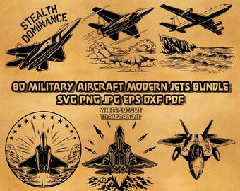 Stridsflygplan SVG-paket 80 moderna militära flygplansillustrationer Stealth Combat Line Art Herrgaragedekor Vektorgrafik Digital Design