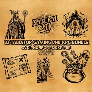 May include: A digital graphic collection featuring black line art illustrations of a wizard, a hooded figure, a treasure map, a torch, and a gear-filled pouch. Text includes NATURAL 20, 83 TABLETOP GAMING DND RPG BUNDLE, SVG PNG JPG EPS DXF PDF, WHITE CUTOUT TRANSPARENT.