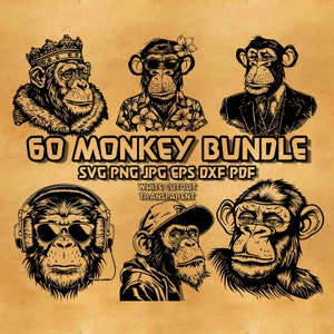 May include: A collection of six black and white monkey illustrations with various accessories, including sunglasses, a crown, and headphones. The text "60 MONKEY BUNDLE" is displayed above the file type options: SVG PNG JPG EPS DXF PDF. The words "WHITE CUTOUT TRANSPARENT" are also visible.