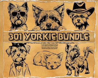 Paquete de 301 imágenes SVG de Yorkie: conjunto de imágenes prediseñadas con grabados de flores, vaqueros y perros asomándose.