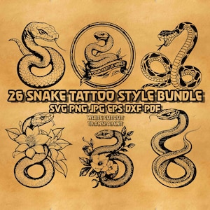 Peut inclure: Un ensemble de 26 illustrations de style tatouage de serpent en noir et blanc. Les illustrations présentent des serpents dans diverses poses, notamment enroulés, enroulés et avec des fleurs. Le texte "YOUR TEXT IS HERE" est inclus dans l'une des illustrations.