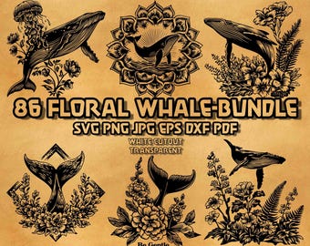 Blommig val SVG-paket: Svarta botaniska havsillustrationer PNG-tatueringsstil Clipart