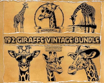 Paquete de 192 imágenes SVG vintage de jirafas: conjunto de imágenes prediseñadas divertidas, florales y de grabado de gafas de sol
