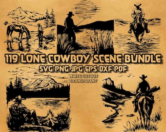 Lone Cowboy Scene SVG Bundle Western Ranch Landscape Illustrations Rustic Horseback Rider Line Art Country Vector Graphics Digital Design